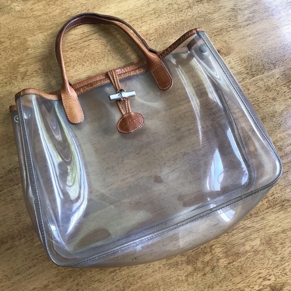 Longchamp Handbags - LONGCHAMP RARE PVC Clear Tan Leather Trim
Tote Bag Bamboo Bit Medium Transparent